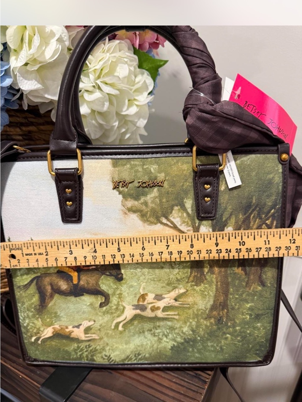 Betsey Johnson Green Equestrian Print Satchel with Brown Trim - Picture 2 of 6